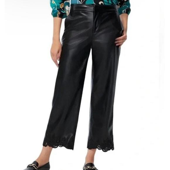 Chico’s Black Faux Leather Lace Hem Cropped Trousers Pants Size 10 Petite - Picture 1 of 13